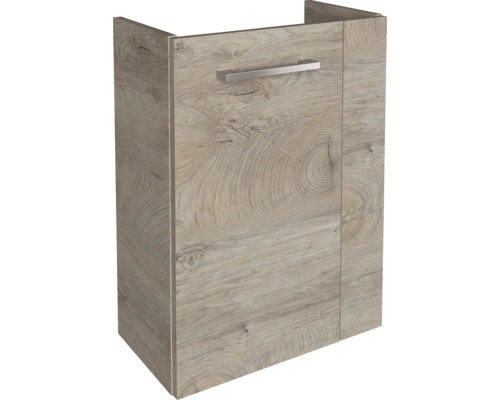 Waschbeckenunterschrank in Eichenoptik mit einer Tür und einem Metallgriff.