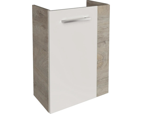 Badezimmer-Waschbeckenunterschrank mit weisser Front, Seitenwänden in Holzoptik und silberfarbenem Griff.