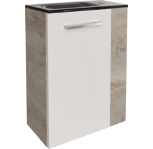 Meuble sous-vasque pour toilettes invités avec façade blanche, côtés aspect bois, poignée argentée et vasque noire intégrée.