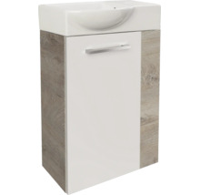 Waschbeckenunterschrank mit Keramikbecken, Front in Weiss und Seiten in Holzoptik mit einem Metallgriff.