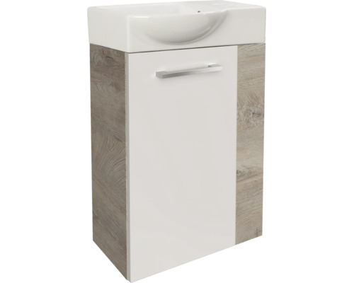 Waschbeckenunterschrank mit Keramikbecken, Front in Weiss und Seiten in Holzoptik mit einem Metallgriff.