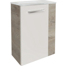 Meuble sous-vasque avec façade blanche, corps aspect chêne et vasque intégrée.