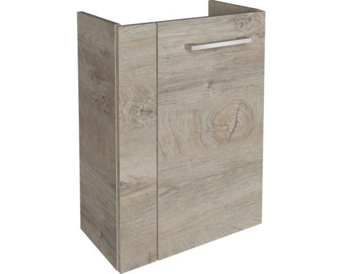 Waschbeckenunterschrank in Holzoptik mit einem horizontalen silberfarbenen Griff und sichtbarer Holzmaserung.