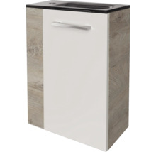 Meuble sous-vasque pour toilettes invités avec façade blanche, côtés aspect bois et vasque intégrée.
