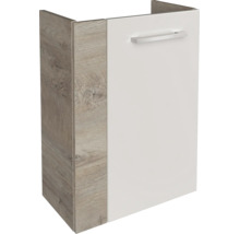 Meuble sous-vasque avec une porte, corps aspect bois, façade blanche et poignée argentée.