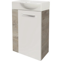 Meuble sous-vasque avec lavabo en céramique, façade blanche et caisson aspect chêne.
