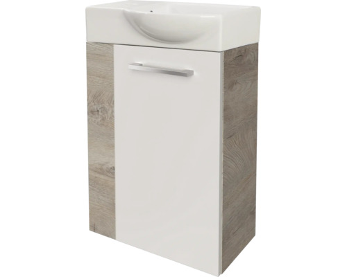 Meuble sous-vasque avec lavabo en céramique, façade blanche et caisson aspect chêne.