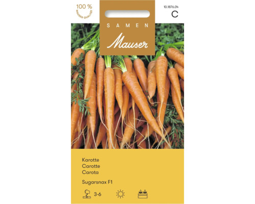 Sachet de graines pour carotte Sugarsnax F1 de Mauser. L'image montre des carottes récoltées. Symboles pour qualité Mauser 100 pour cent, semis de mars à juin, emplacement ensoleillé et aptitude pour les jardinières. Mauser Logo.