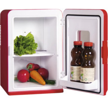 Offener roter Mini-Kühlschrank gefüllt mit Salat, Tomaten, einer Karotte und zwei Getränkeflaschen.