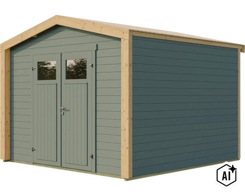 Abri de jardin en bois avec double porte et fenêtres au design de toit en pente (Image AI modified or generated)
