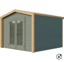Abri de jardin moderne en bois avec double porte et fenêtres à persiennes (Image AI modified or generated)
