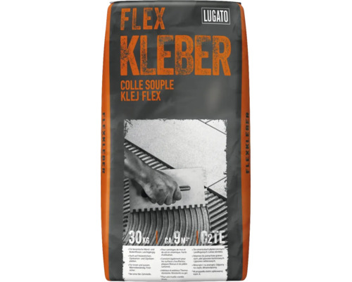 Lugato Flexkleber für Wandfliesen und Bodenfliesen, 30 Kilogramm, Reichweite circa 9 Quadratmeter, Klassifizierung C2TE.