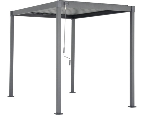 Freistehende Pergola aus Metall mit verstellbarem Lamellendach und Handkurbel.