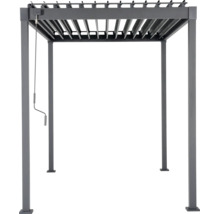 Freistehende Pergola aus Aluminium mit verstellbarem Lamellendach und Handkurbel.