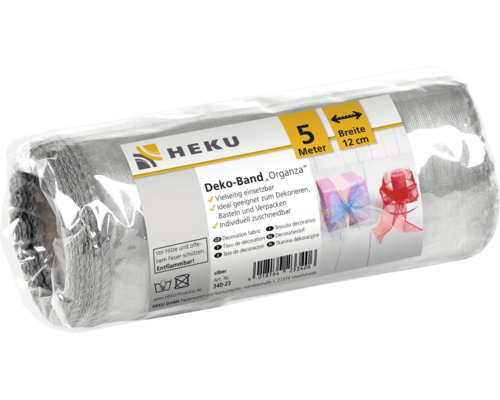 Un rouleau de ruban décoratif en organza HEKU de cinq mètres de long et douze centimètres de large dans un emballage en plastique transparent.