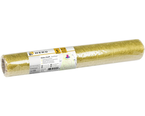 Un rouleau de tissu décoratif en fibre textile HEKU, coloris or métallique, cinq mètres de long et trente-sept centimètres de large.