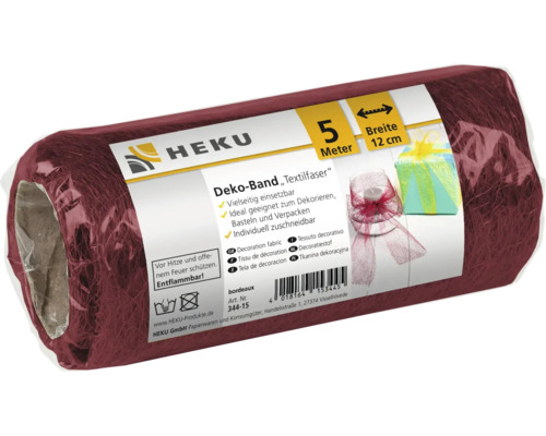 Ruban décoratif Heku en fibre textile bordeaux, 5 mètres de long et 12 centimètres de large, idéal pour le bricolage, la décoration et l'emballage.