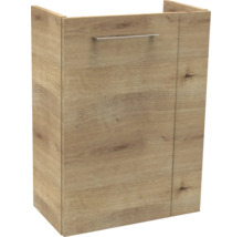 Meuble sous-lavabo aspect bois avec une porte et une poignée en métal.