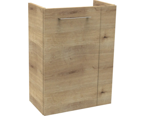 Meuble sous-lavabo aspect bois avec une porte et une poignée en métal.