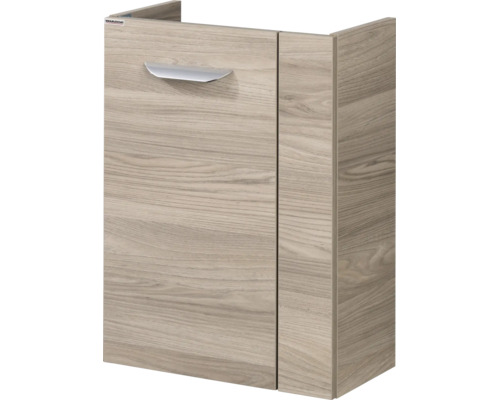 Meuble sous-lavabo en aspect bois avec une poignée en métal argenté.
