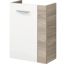 Badezimmerunterschrank mit weisser Front, silberfarbenem Griff und Korpus in Holzoptik.