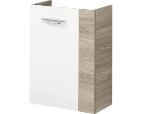 Badezimmerunterschrank mit weisser Front, silberfarbenem Griff und Korpus in Holzoptik.
