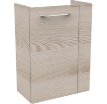 Meuble sous-vasque aspect bois avec une porte et une poignée en métal.