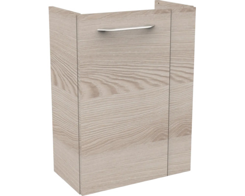 Meuble sous-vasque aspect bois avec une porte et une poignée en métal.