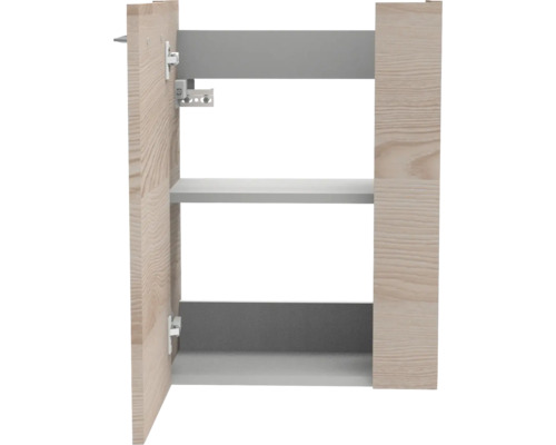 Caisson de cuisine avec deux niveaux, aspect bois en chêne et détails gris.