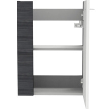 Meuble de salle de bain ouvert avec façade aspect bois foncé, étagère et charnières métalliques.