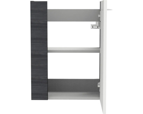 Meuble de salle de bain ouvert avec façade aspect bois foncé, étagère et charnières métalliques.