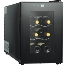 Schwarzer Kibernetik Weinkühlschrank mit Glastür und Digitalanzeige für 6 Flaschen auf Metallrosten.