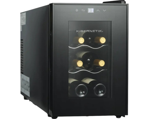 Schwarzer Kibernetik Weinkühlschrank mit Glastür und Digitalanzeige für 6 Flaschen auf Metallrosten.