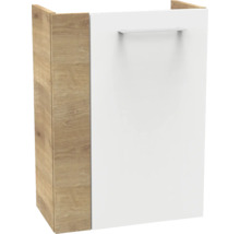 Badezimmerunterschrank mit Korpus in Holzoptik und weisser Front mit Metallgriff.