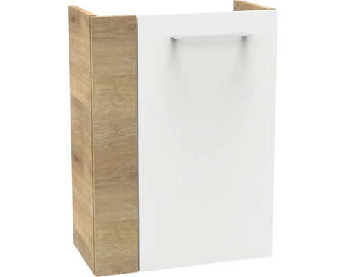 Badezimmerunterschrank mit Korpus in Holzoptik und weisser Front mit Metallgriff.