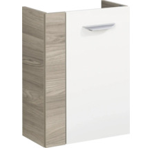Badezimmer-Unterschrank mit weisser Front, Seitenteilen in Holzoptik und einem silbernen Metallgriff.