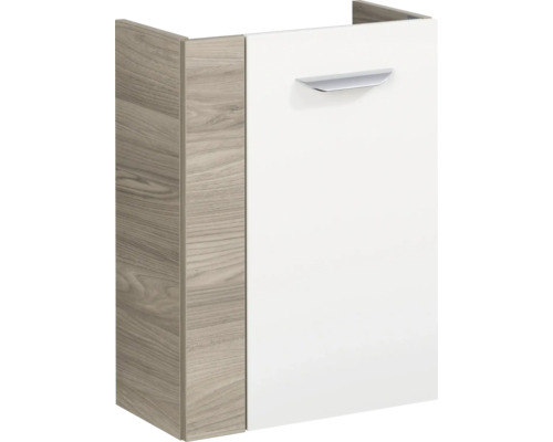 Badezimmer-Unterschrank mit weisser Front, Seitenteilen in Holzoptik und einem silbernen Metallgriff.