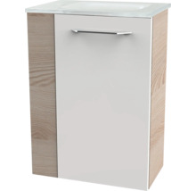 Waschbeckenunterschrank mit weisser Front, Seitenteilen in Holzoptik und silberfarbenem Griff inklusive weissem Waschtisch.