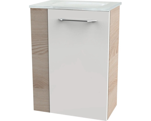 Waschbeckenunterschrank mit weisser Front, Seitenteilen in Holzoptik und silberfarbenem Griff inklusive weissem Waschtisch.