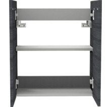 Intérieur d'un meuble bas de cuisine avec panneaux latéraux gris foncé aspect bois, deux étagères grises et ferrures métalliques.
