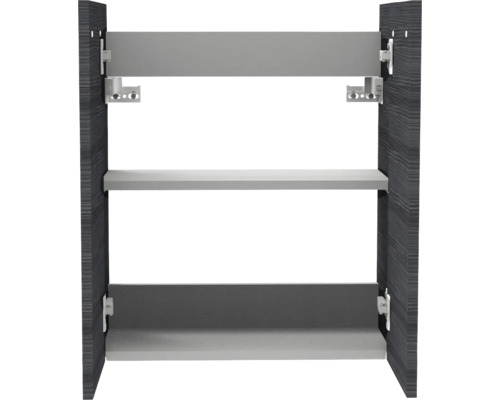 Intérieur d'un meuble bas de cuisine avec panneaux latéraux gris foncé aspect bois, deux étagères grises et ferrures métalliques.
