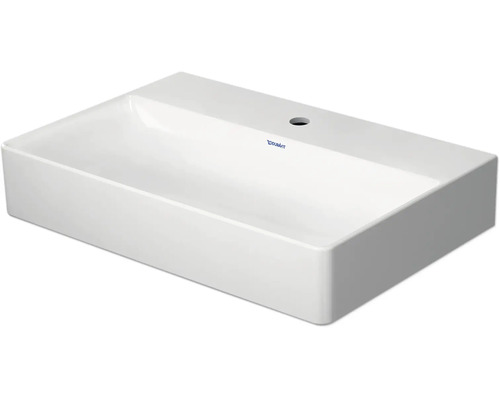 Weißes, rechteckiges Aufsatzwaschbecken von Duravit aus Sanitärkeramik mit einem Hahnloch.