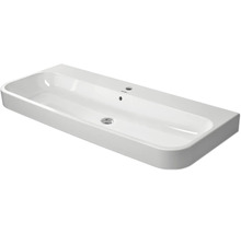 Lavabo rectangulaire en céramique blanche avec un trou pour robinet et trop-plein.