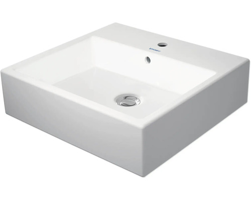 Weißes quadratisches Aufsatzwaschbecken aus Keramik mit Hahnloch und Überlauf von Duravit.