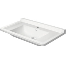 Lavabo rectangulaire en céramique avec trou de robinetterie et trop-plein.
