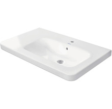 Rechteckiges Waschbecken aus weisser Keramik von Duravit mit einem Hahnloch und Überlauf.