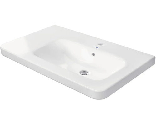 Rechteckiges Waschbecken aus weisser Keramik von Duravit mit einem Hahnloch und Überlauf.