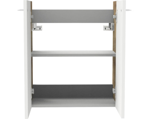 Küchen-Oberschrank-Korpus mit einem Fachboden und Wandhalterungen.