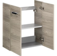 Armoire murale avec deux portes aspect bois, poignée en métal et deux étagères.