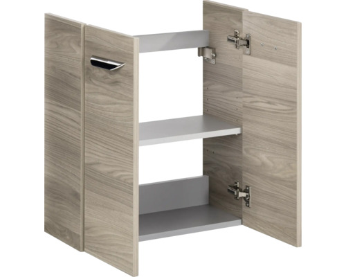 Armoire murale avec deux portes aspect bois, poignée en métal et deux étagères.